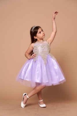 Lilac Dress with Gold Embellishments and Illusion Neckline