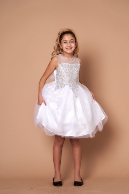 White Dress with Silver Embellishments and Illusion Neckline