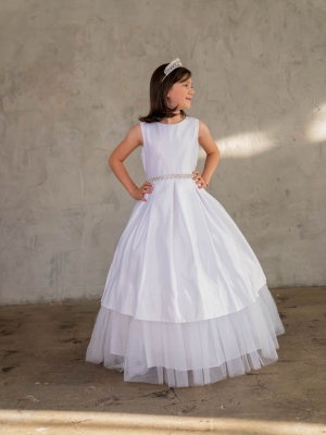 White Satin and Tulle Dress with Rhinestone Waist Detail