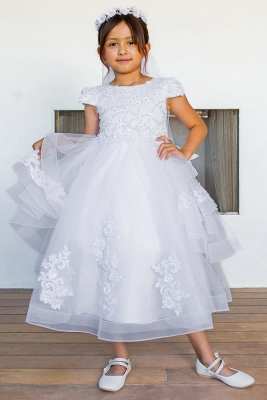 Communion Satin Beaded Cap Sleeve Dress with Lace on Skirt
