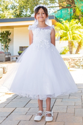 Communion Beaded Tulle Cap Sleeve Dress with 3D Floral Lace