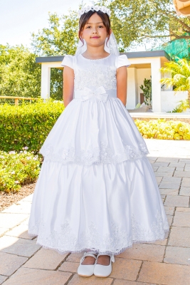 Satin Two Tiered Communion Dress with Floral Details