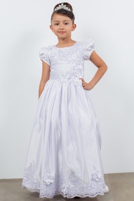 Satin Cap Sleeve Communion Dress with Floral Lace Hem