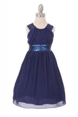 Girls Dress Style 5004- NAVY Sleeveless Chiffon and Sequin Dress with Cross Back