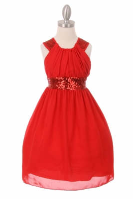Girls Dress Style 5004- RED Sleeveless Chiffon and Sequin Dress with Cross Back