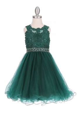 Hunter Green Jewel Adorned Tulle Sleeveless Dress with Wired Skirt