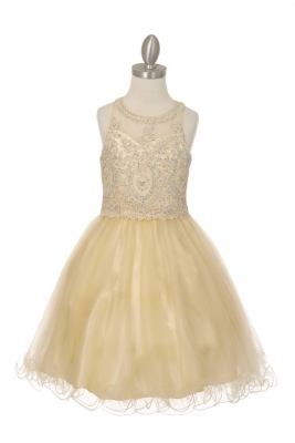 Girls Dress Style 5065 - Beaded Sequin Short Dress in Champagne