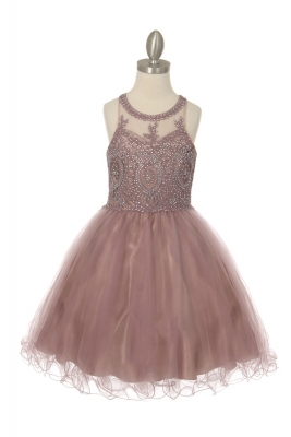 Girls Dress Style 5065 - Beaded Sequin Short Dress in Mauve