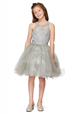 Girls Dress Style 5065 - Beaded Sequin Short Dress in Silver