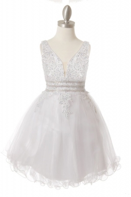 White Elegant Floral and Rhinestone Tulle and Satin Dress