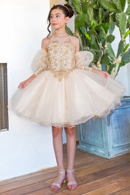 Champagne Gold Lace Glitter Tulle Party Dress