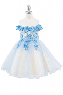 Blue Off Shoulder Dress with Floral Details