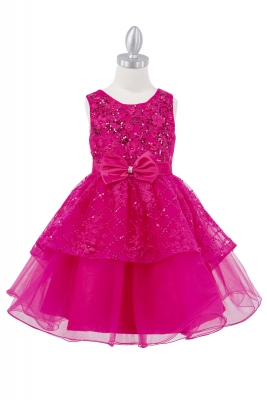 Fuchsia Sequin and 3D Flower Dress with Bow Waistline and Layered Skirt