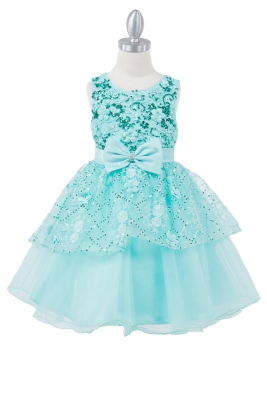 Mint Sequin and 3D Flower Dress with Bow Waistline and Layered Skirt