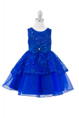 Royal Blue Sequin and 3D Flower Dress with Bow Waistline and Layered Skirt