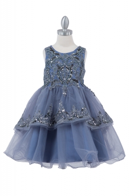 Smoky Blue Sequin and Beaded Dress with Tiered Skirt