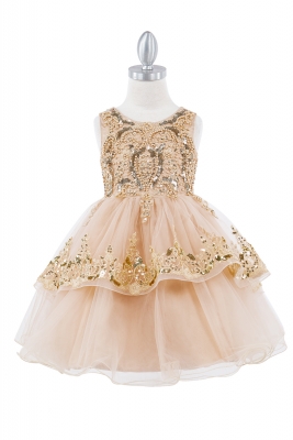 Champagne Sequin and Beaded Dress with Tiered Skirt