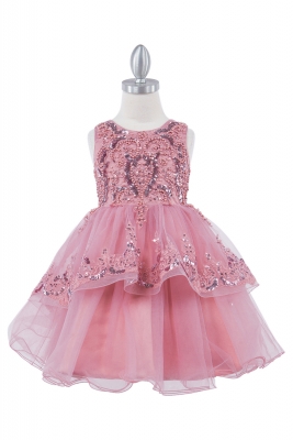 Dusty Rose Sequin and Beaded Dress with Tiered Skirt