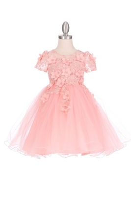 Peach Cap Sleeve Dress with 3D Flower Details