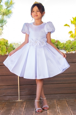 White Puff Sleeve Dress with Flower Waist and Pleated Skirt