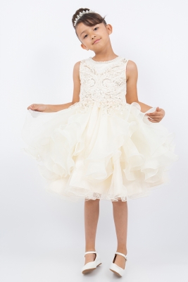 Ivory Beaded and Sequined Dress with Ruffled Tulle Skirt
