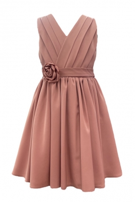Dusty Rose Elegant Pleated Dress with Rose Detail