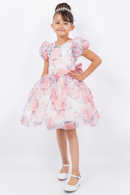 Peach Floral Print Puff Sleeve Dress