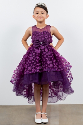 Purple Illusion Neckline High Low Dress Adorned with 3D Flowers