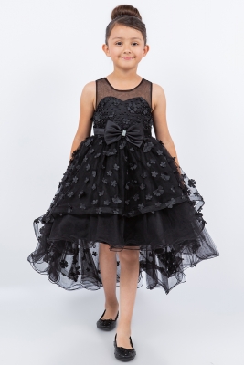 Black Illusion Neckline High Low Dress Adorned with 3D Flowers