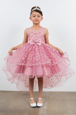 Dusty Pink Illusion Neckline High Low Dress Adorned with 3D Flowers