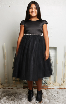 Black Cap Sleeved Satin Dress with Tulle and Rhinestone and Pearl Waist