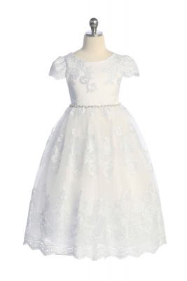White Cording Embellished Lace Cap Sleeve Dress