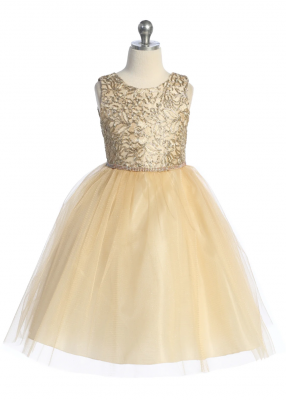 Gold Dress with Embroidered Lace and Sequin Bow on Back