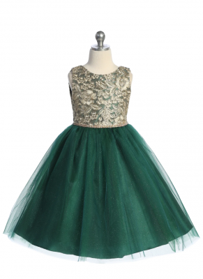 Green Dress with Gold Embroidered Lace and Sequin Bow on Back