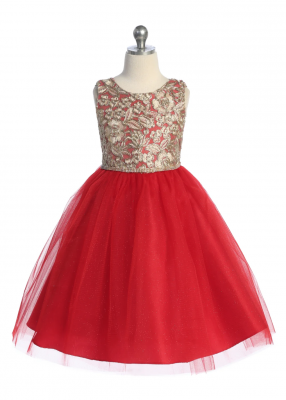 Red Dress with Embroidered Lace and Sequin Bow on Back