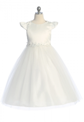 Ivory Cap Sleeve Satin and Tulle Dress with Floral Trim