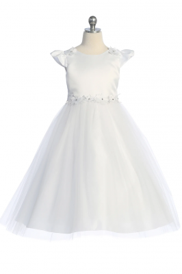 White Cap Sleeve Satin and Tulle Dress with Floral Trim