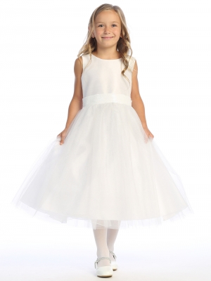 White Dress with Shantung Bodice and Tulle Skirt with Sequin Details