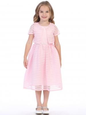 Girls Dress Style BL308 - Pink Satin with Striped Netting Dress