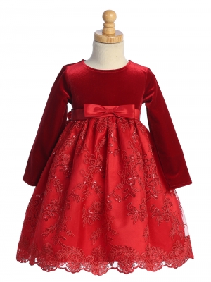 Red Velvet Long Sleeve Dress with Embroidered Tulle Skirt
