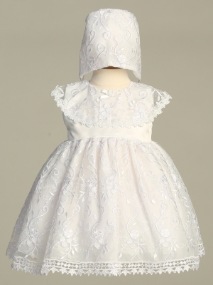 Baptism-Christening Dress - EVELYN - Embroidered Tulle Dress with Bonnet