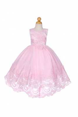 Pink Satin Dress with Lace Embroidered Details