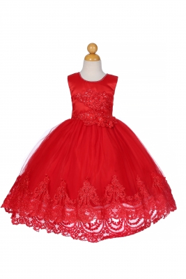 Red Satin Dress with Lace Embroidered Details