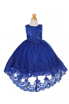 Royal Blue Satin Dress with Lace Embroidered Details