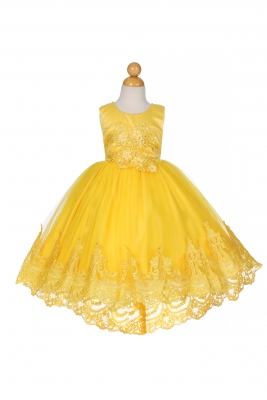 Yellow Satin Dress with Lace Embroidered Details