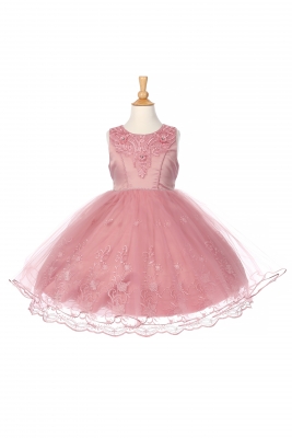 Girls Dress Style 1095 - Dusty Pink Sleeveless Dress with Embroidered Satin Bodice