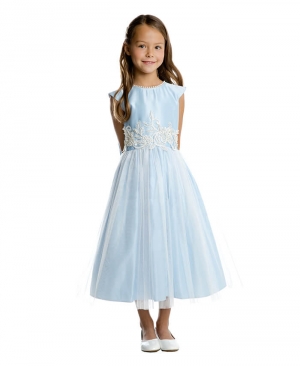 Light Blue Satin and Tulle Dress with Pearl and Lace Details