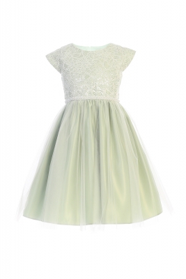 Sage Cap Sleeve Soft Sequin Satin and Tulle Dress
