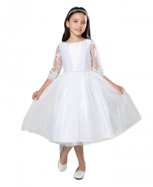 White 3/4 Lace Sleeve Dress with Satin and Crystal Tulle
