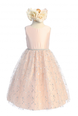 Blush Satin Bodice Dress with Sequin Diamond Tulle Skirt